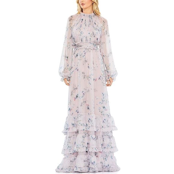Mac Duggal WomensFloral Print Ruched Raglan Tiered Gown